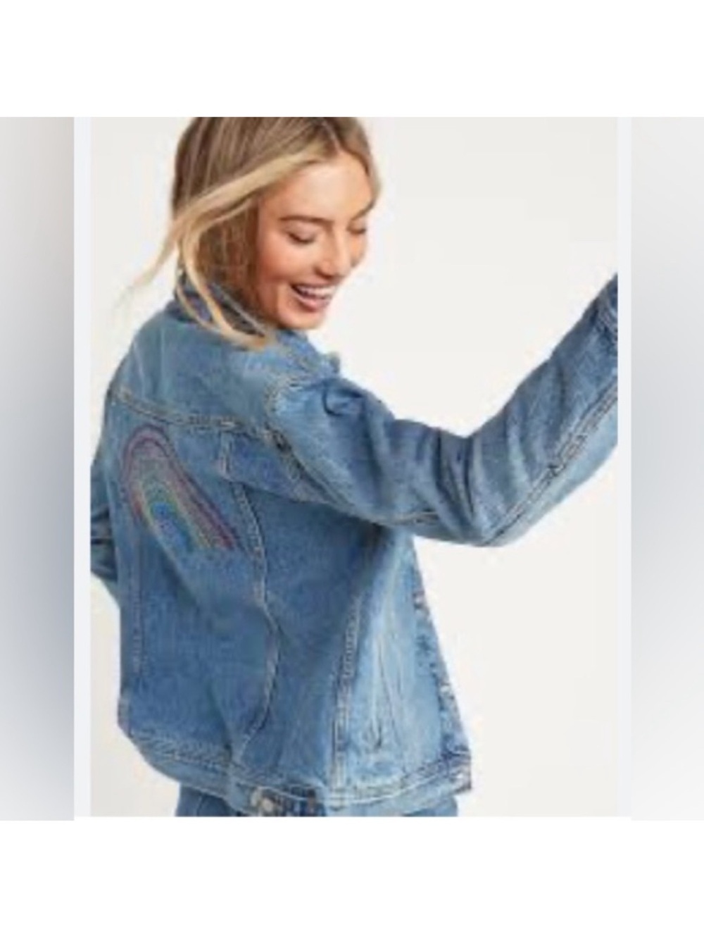 Old Navy Blue Denim Jean Jacket with Rainbow Embroidery. Like New